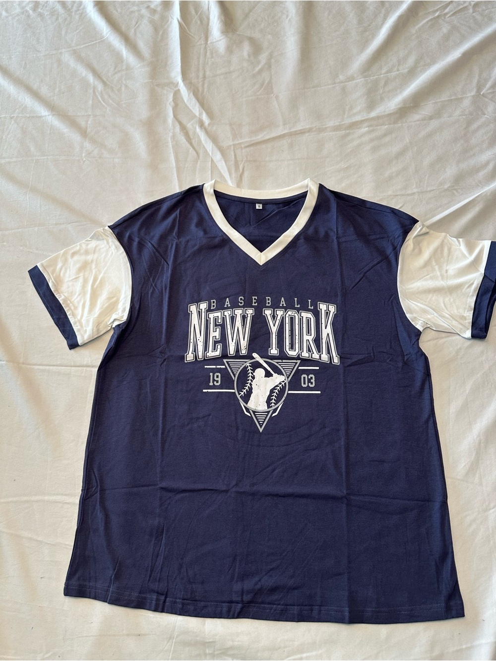 New York Baseball V-Neck Tee in Navy and White